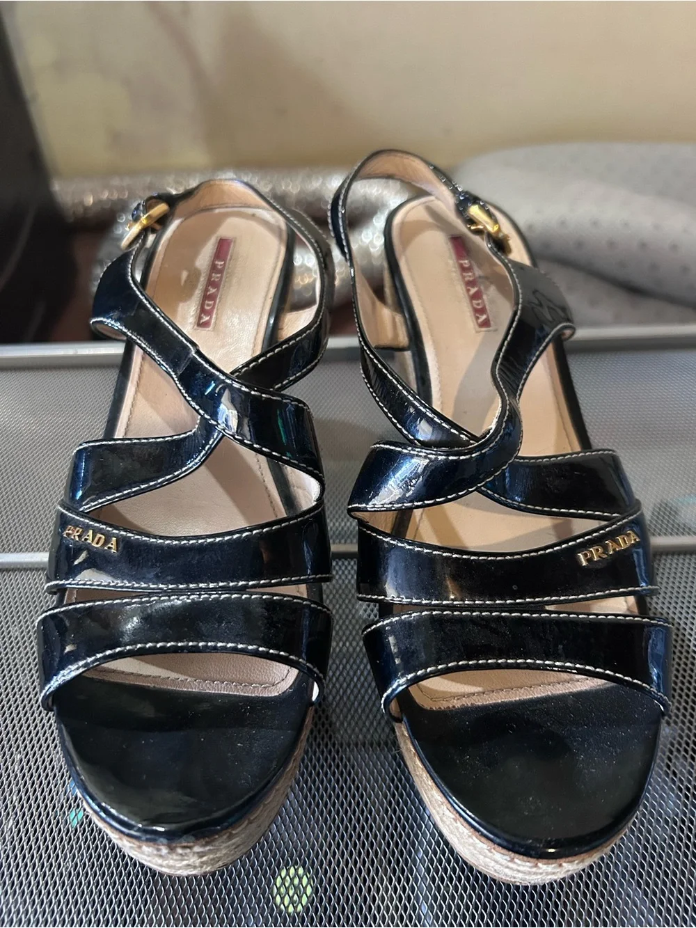 Prada Black Patent Leather Crisscross Platform Sandals